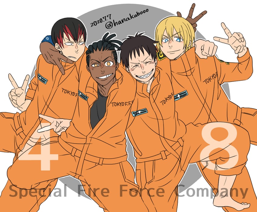 shinra kusakabe, arthur boyle, ogun montgomery, and karin sasaki (en'en no shouboutai) drawn by hanakabo