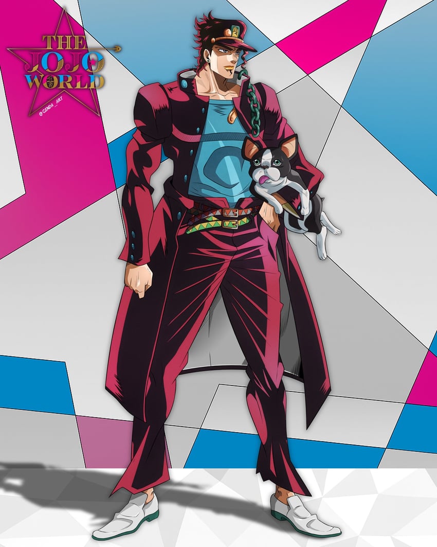 kujo jotaro and iggy (jojo no kimyou na bouken and 1 more) drawn by genda_art