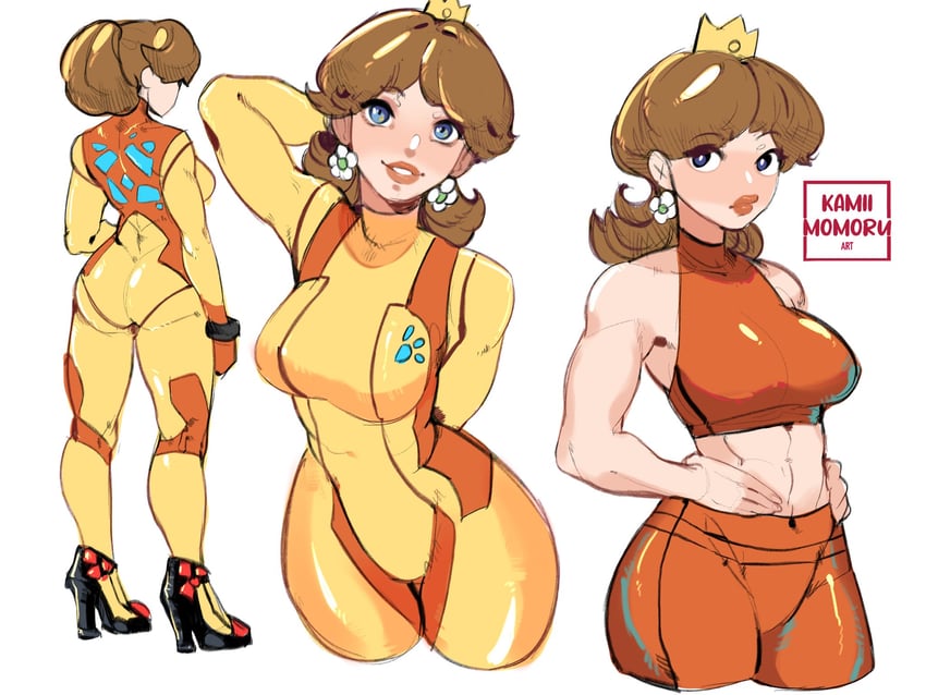 samus aran and princess daisy (mario and 2 more) drawn by kamii_momoru