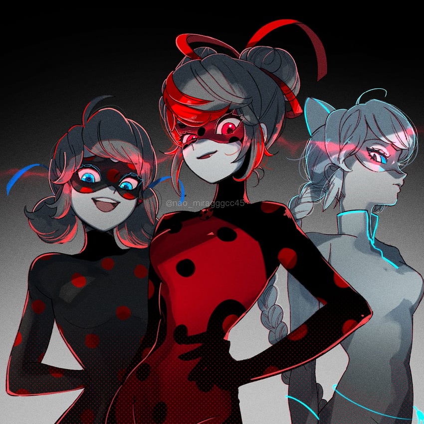 marinette dupain-cheng, ladybug, lady noir, and shadybug (miraculous ladybug) drawn by seio_(nao_miragggcc45)