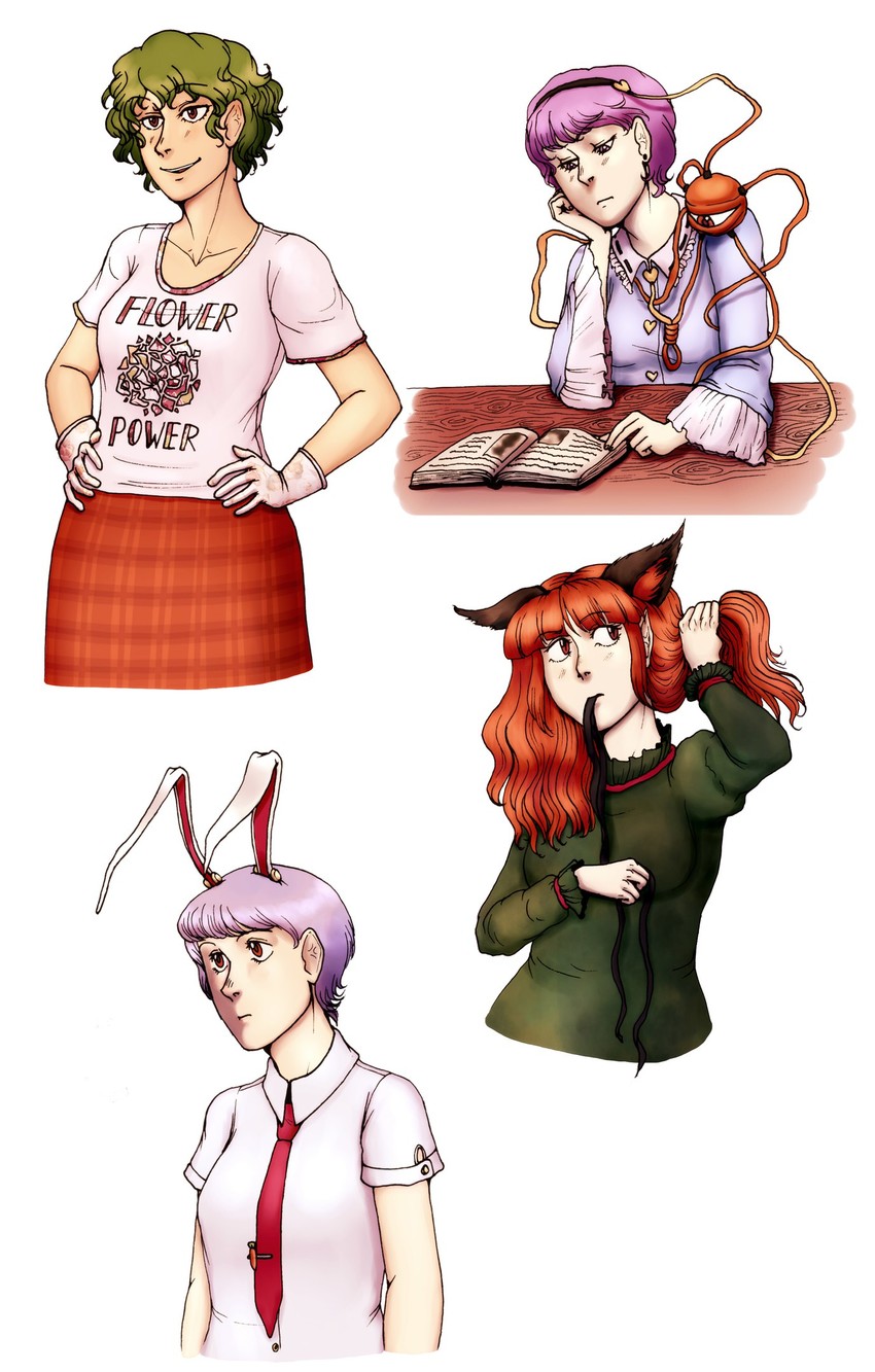 reisen udongein inaba, komeiji satori, kaenbyou rin, and kazami yuuka (touhou) drawn by moonywitcher