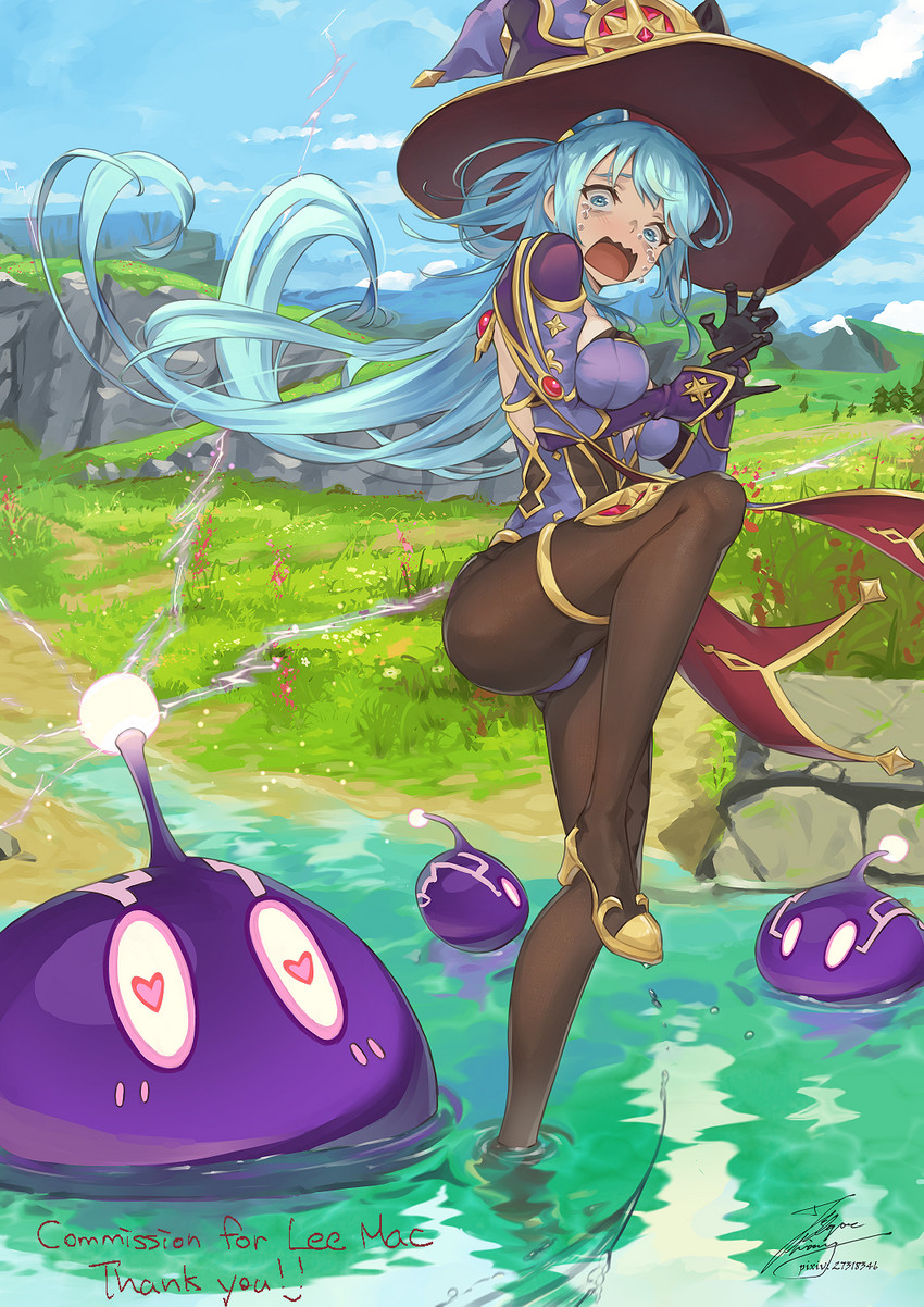 mona, aqua, slime, and electro slime (genshin impact and 1 more) drawn by fadingz