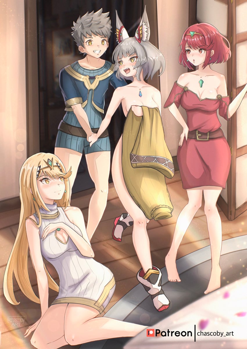 pyra, mythra, nia, and rex (xenoblade chronicles and 2 more) drawn by chascoby
