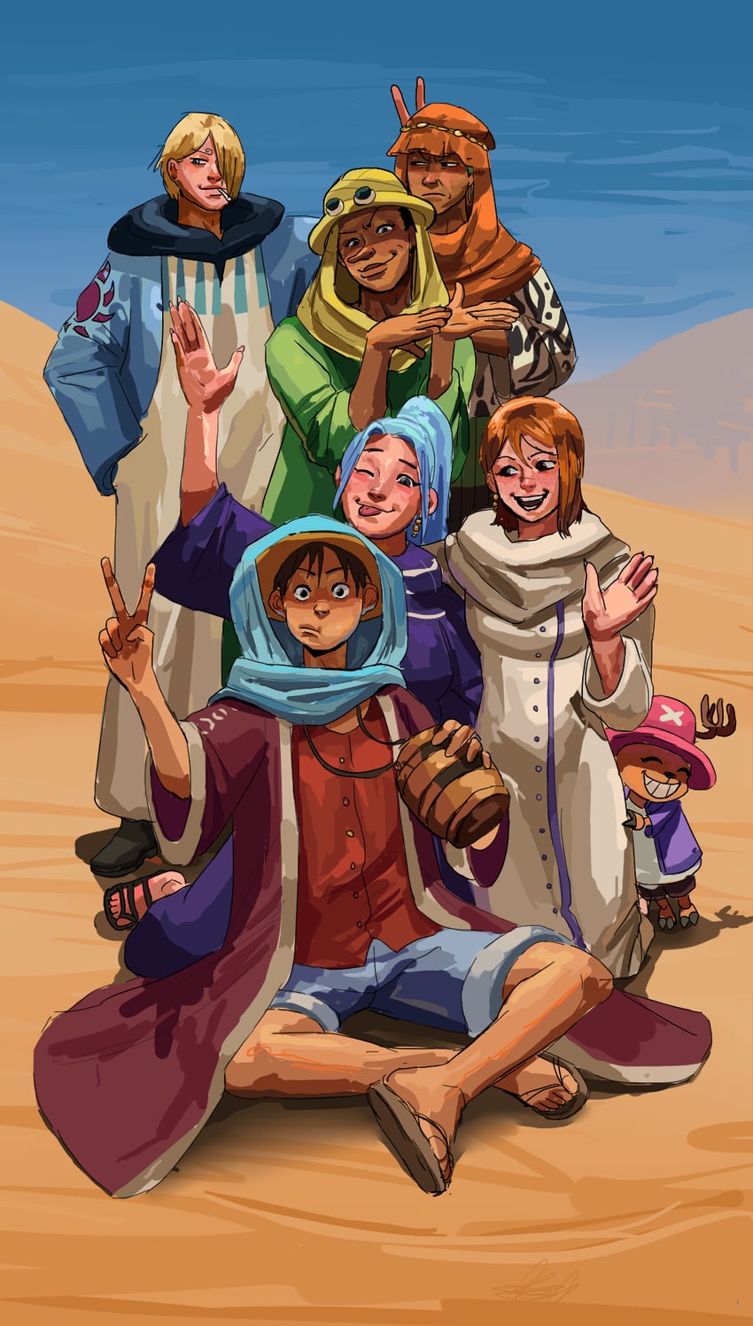 nami, monkey d. luffy, roronoa zoro, sanji, tony tony chopper, and 2 more (one piece) drawn by paovuante