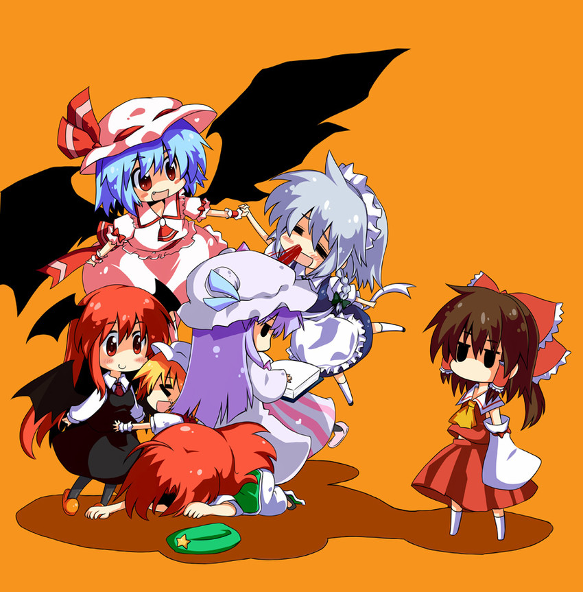 hakurei reimu, remilia scarlet, flandre scarlet, izayoi sakuya, patchouli knowledge, and 2 more (touhou) drawn by gin_(shioyude)