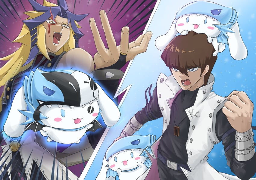 cinnamoroll, kaiba seto, blue-eyes white dragon, paradox, and malefic blue-eyes white dragon (yu-gi-oh! and 3 more) drawn by wislley