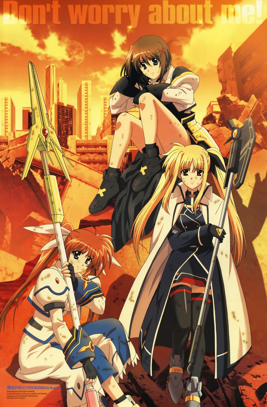 fate testarossa, takamachi nanoha, yagami hayate, raising heart, and bardiche (lyrical nanoha and 1 more) drawn by komori_atsushi