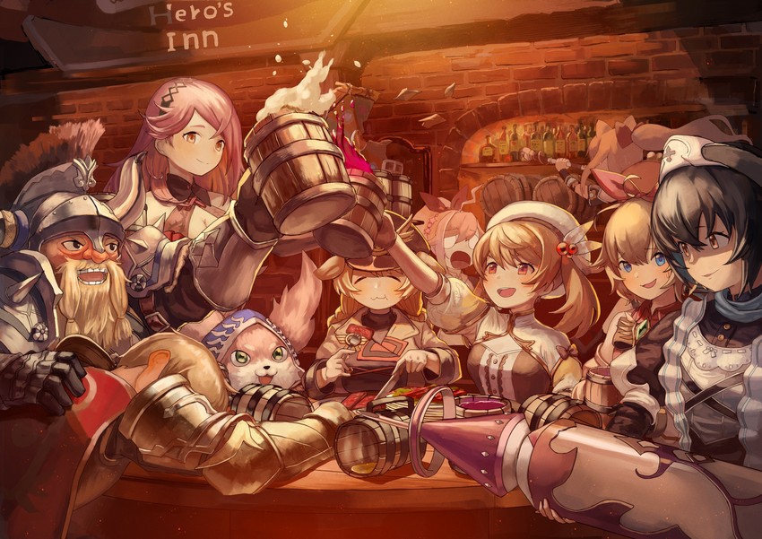 rodina, annette, theo, may, requina, and 4 more (king's raid) drawn by greentanuki