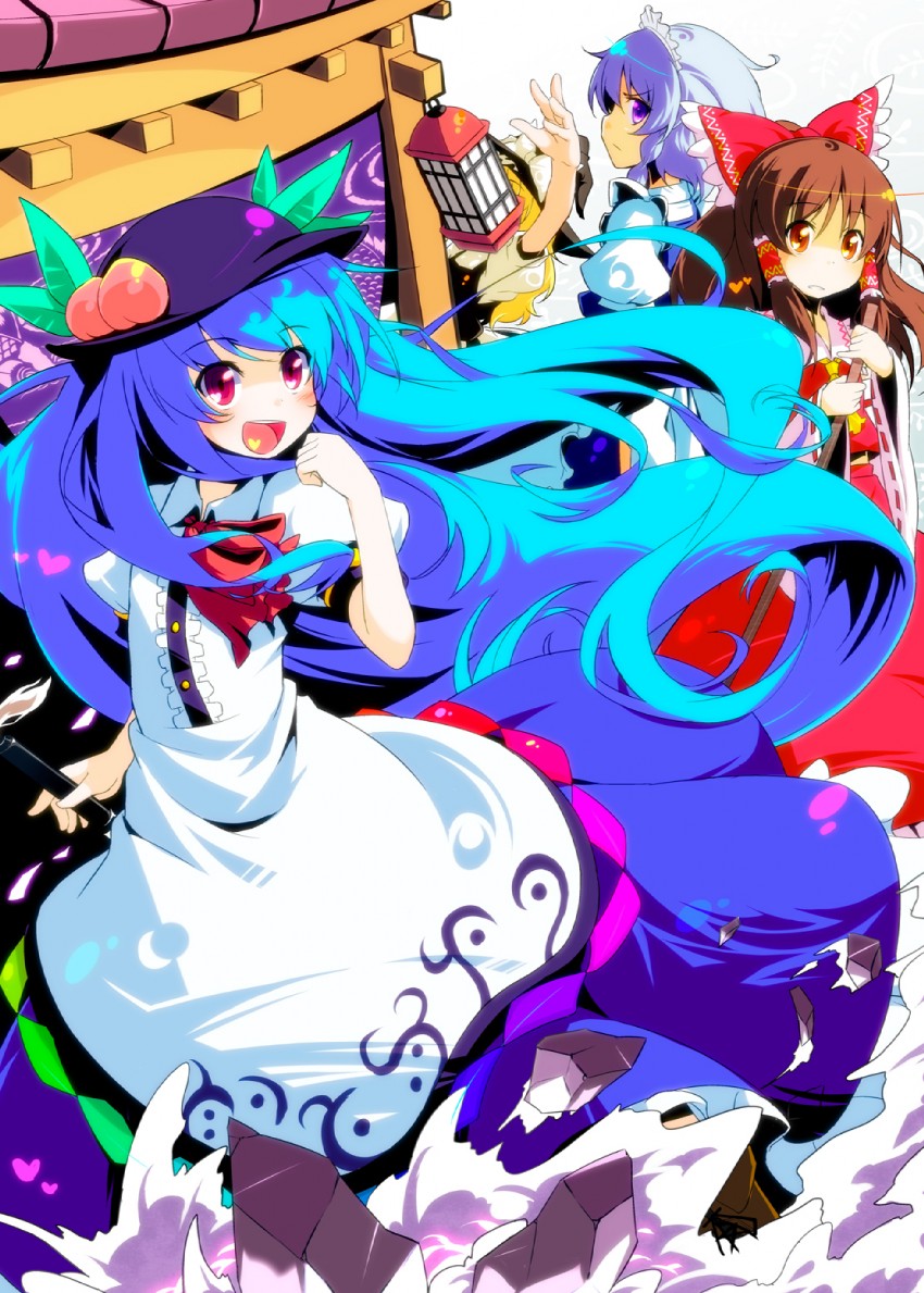hakurei reimu, kirisame marisa, izayoi sakuya, and hinanawi tenshi (touhou) drawn by sw_(taco)