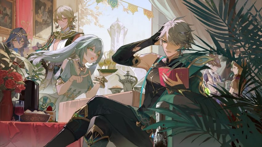 alhaitham, tighnari, kaveh, cyno, faruzan, and 1 more (genshin impact) drawn by minty0