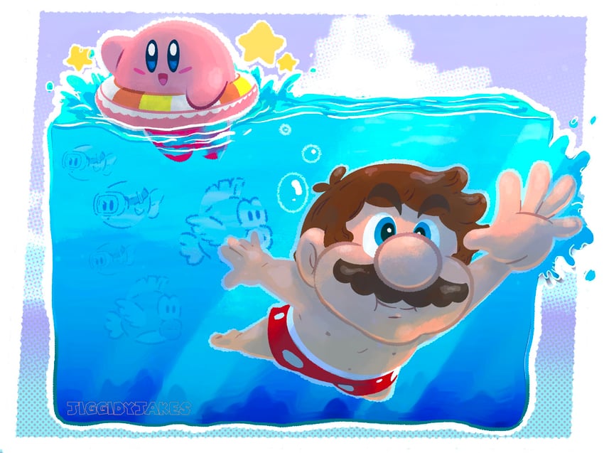 kirby, mario, cheep cheep, and blipper (mario and 2 more) drawn by jiggidyjakes