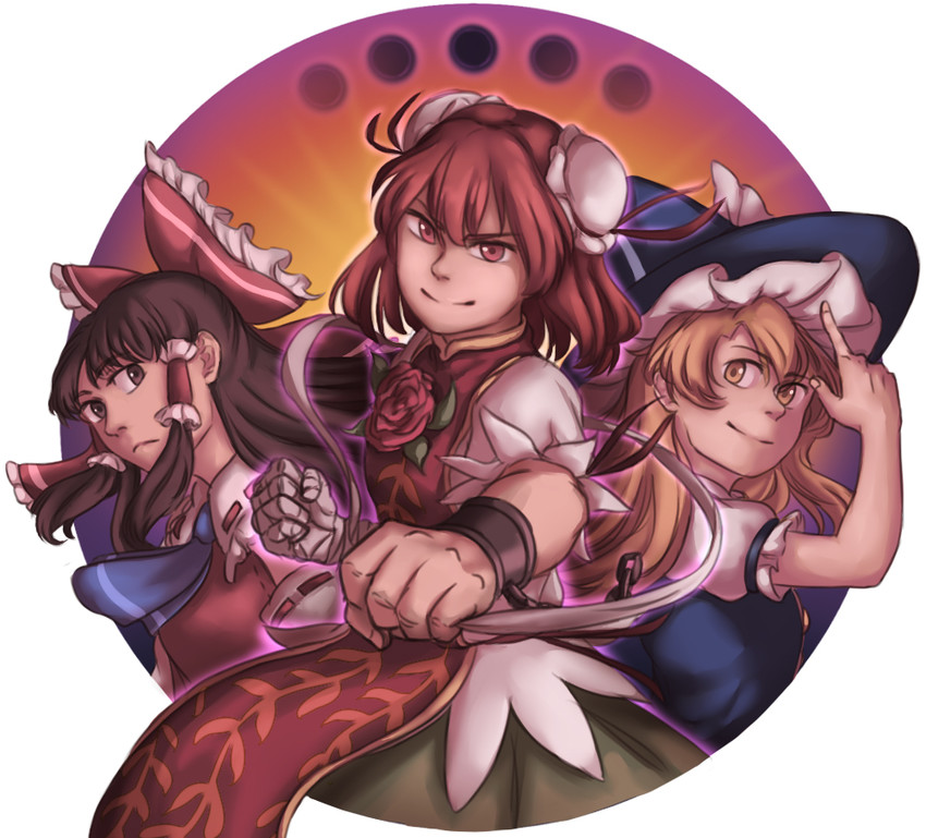 hakurei reimu, kirisame marisa, and ibaraki kasen (touhou and 1 more) drawn by mefomefo