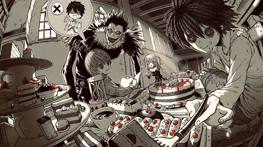 yagami light, l, amane misa, and ryuk (death note and 1 more) drawn by omao