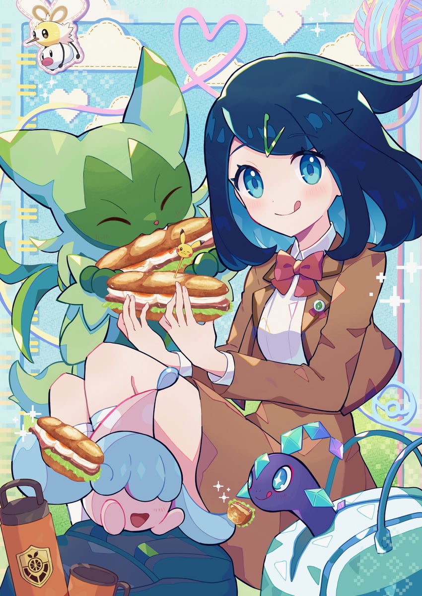 pikachu, liko, cutiefly, hatenna, floragato, and 2 more (pokemon and 1 more) drawn by haru_(haruxxe)