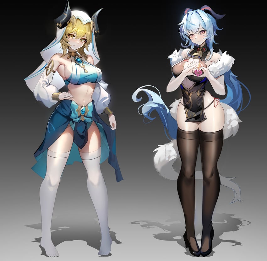 ganyu, lumine, nilou, and yelan (genshin impact) drawn by kuroha_(rockluo213)