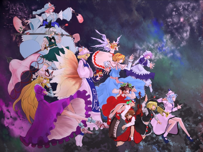 konpaku youmu, alice margatroid, yakumo yukari, saigyouji yuyuko, yakumo ran, and 6 more (touhou and 1 more) drawn by miatsushi