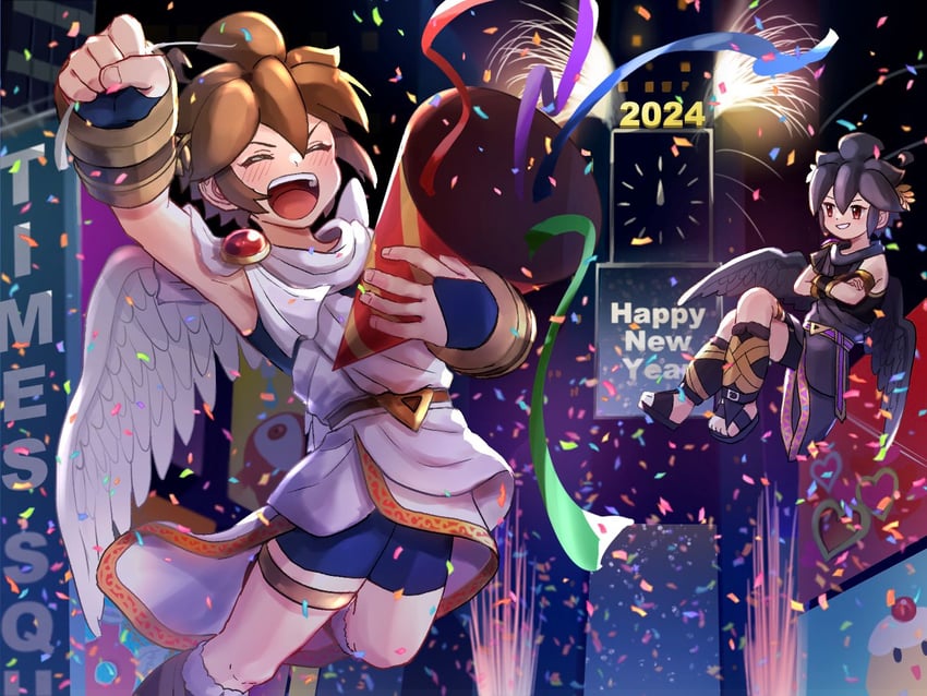 pit, dark pit, monoeye, and souflee (kid icarus and 1 more) drawn by waffuum
