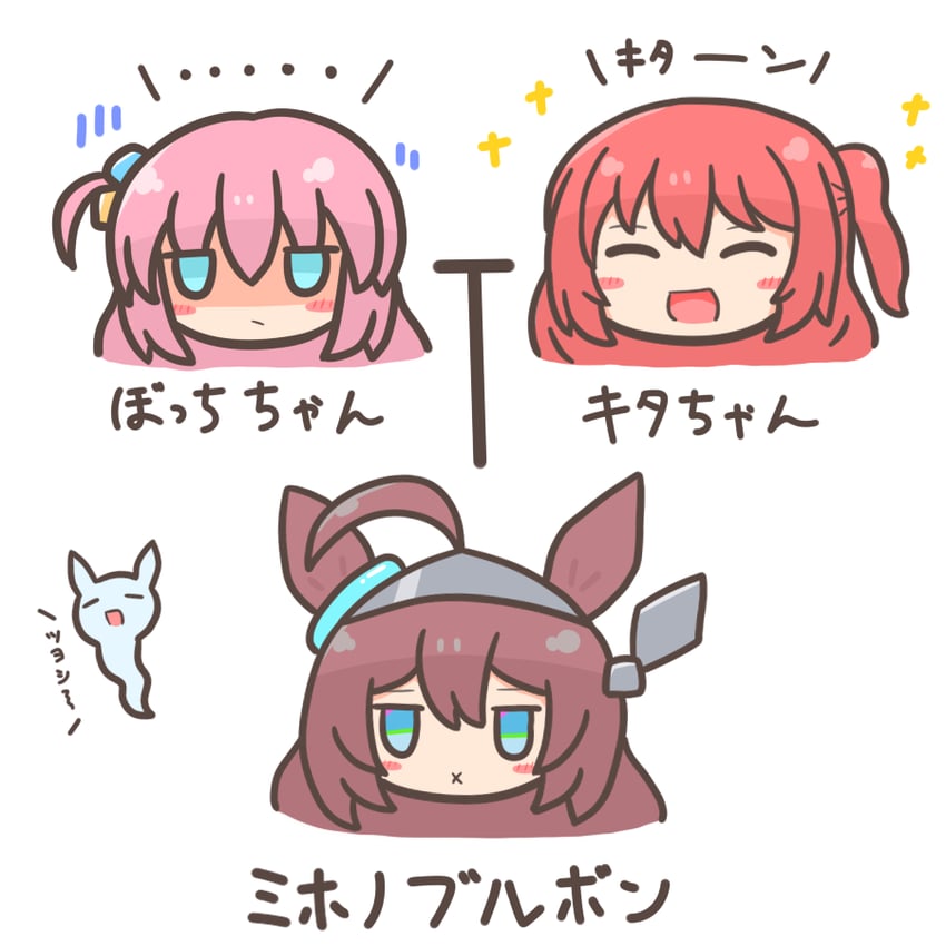 gotoh hitori, kita ikuyo, mihono bourbon, tsurumaru tsuyoshi, hasegawa ikumi, and 1 more (umamusume and 1 more) drawn by muji