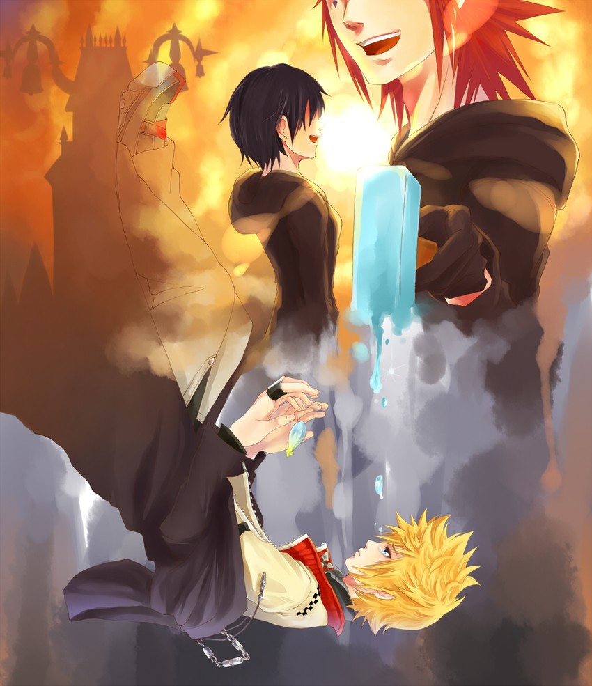 roxas, xion, and axel (kingdom hearts and 2 more) drawn by rxoixoans
