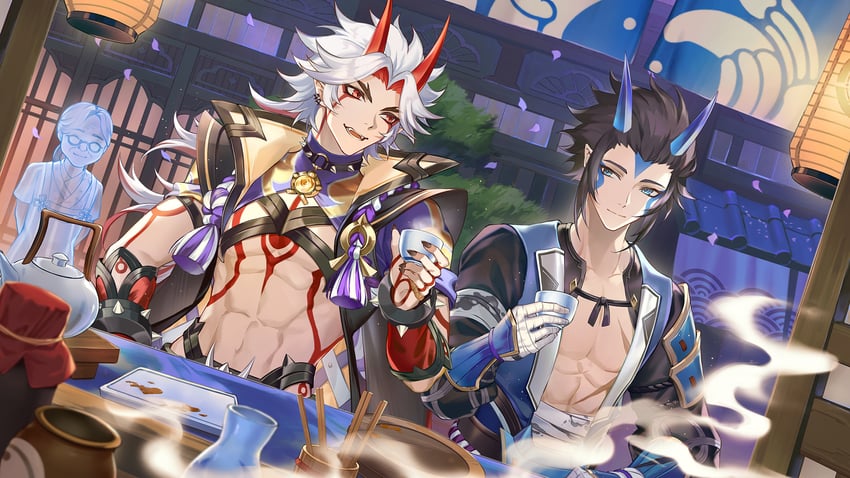 arataki itto, takuya, and granny oni (genshin impact) drawn by darkavey