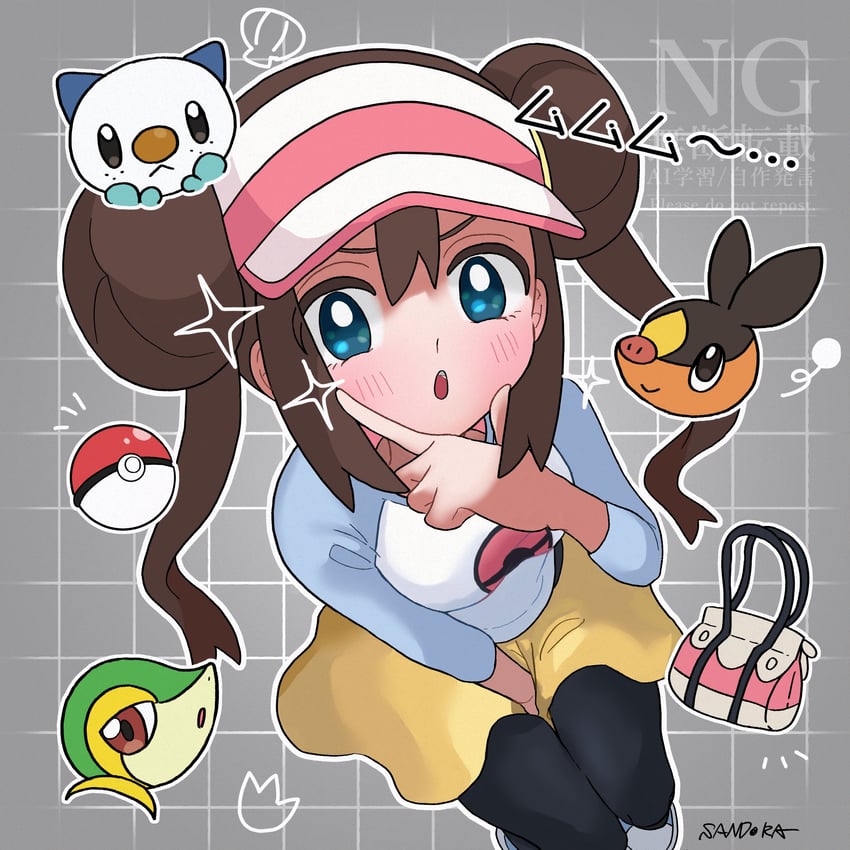 rosa, oshawott, snivy, and tepig (pokemon and 1 more) drawn by sandora_(karugamo_no_e)