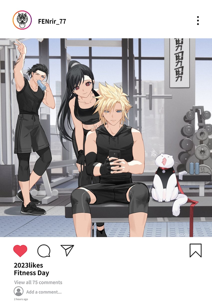tifa lockhart, cloud strife, zack fair, and maru (final fantasy and 3 more) drawn by duoj_ji