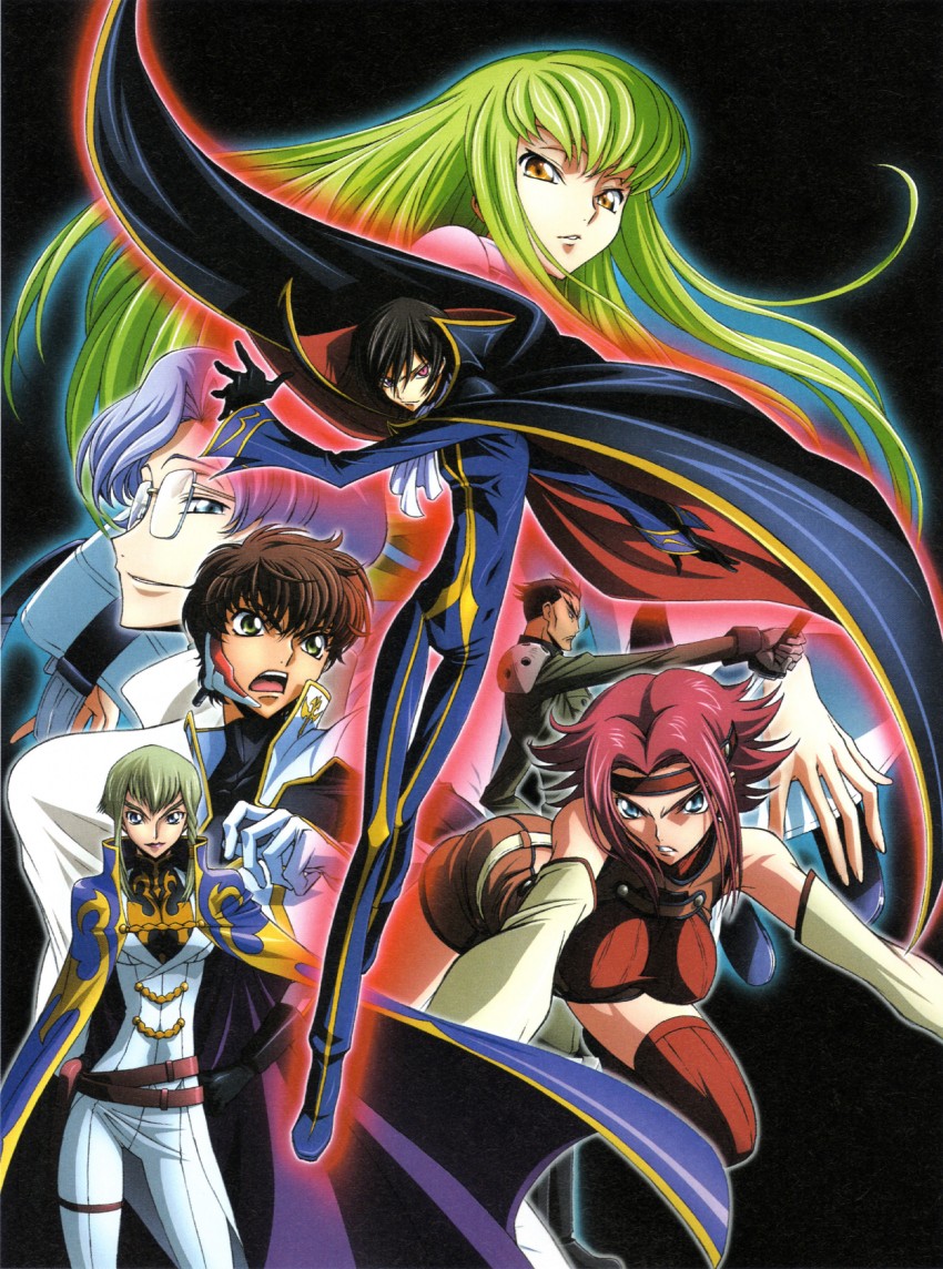 c.c., lelouch vi britannia, kouzuki kallen, kururugi suzaku, lloyd asplund, and 2 more (code geass and 1 more)