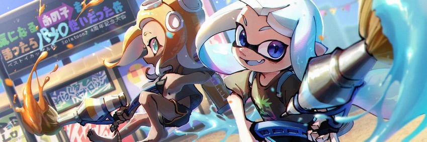 inkling player character, inkling girl, and octoling player character (splatoon and 2 more) drawn by ukata