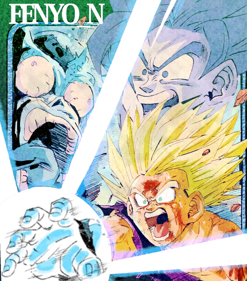 son goku, son gohan, cell, and perfect cell (dragon ball and 1 more) drawn by fenyon