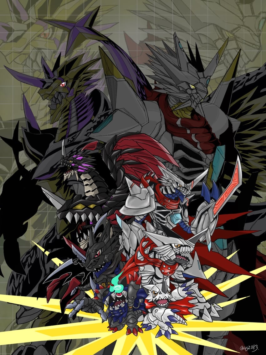 jesmon, hackmon, raidramon, baohackmon, saviorhackmon, and 2 more (digimon and 1 more) drawn by vgz083