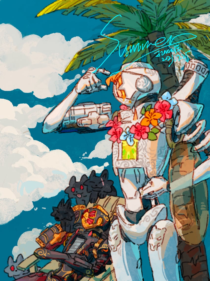 pathfinder, war machine pathfinder, and the burgundy knight pathfinder (apex legends) drawn by chi_wo_chaoji_gou