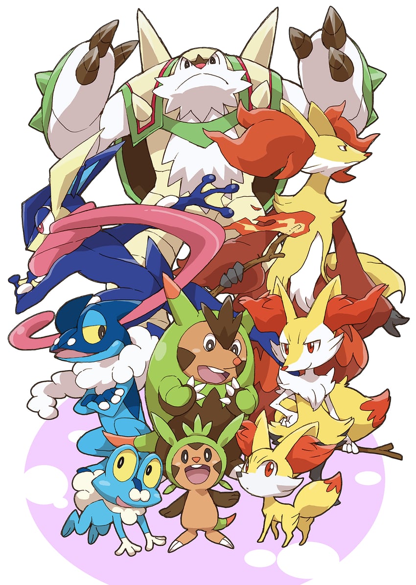 braixen, fennekin, greninja, chespin, froakie, and 4 more (pokemon) drawn by momonohito
