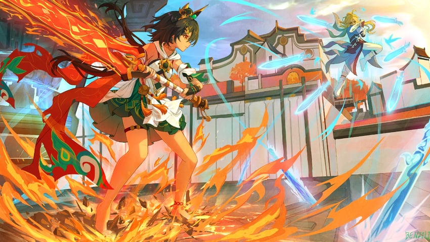 yunli and yanqing (honkai and 1 more) drawn by benzi_li