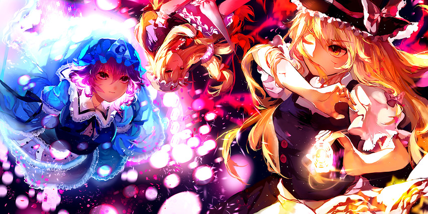 kirisame marisa, yakumo yukari, and saigyouji yuyuko (touhou) drawn by kumatangent