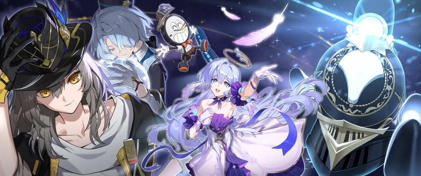 trailblazer, stelle, robin, misha, and clockie (honkai and 1 more) drawn by sunsumizu