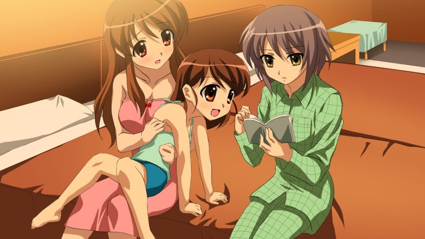 nagato yuki, asahina mikuru, and kyon's sister (suzumiya haruhi no yuuutsu) drawn by sanshita