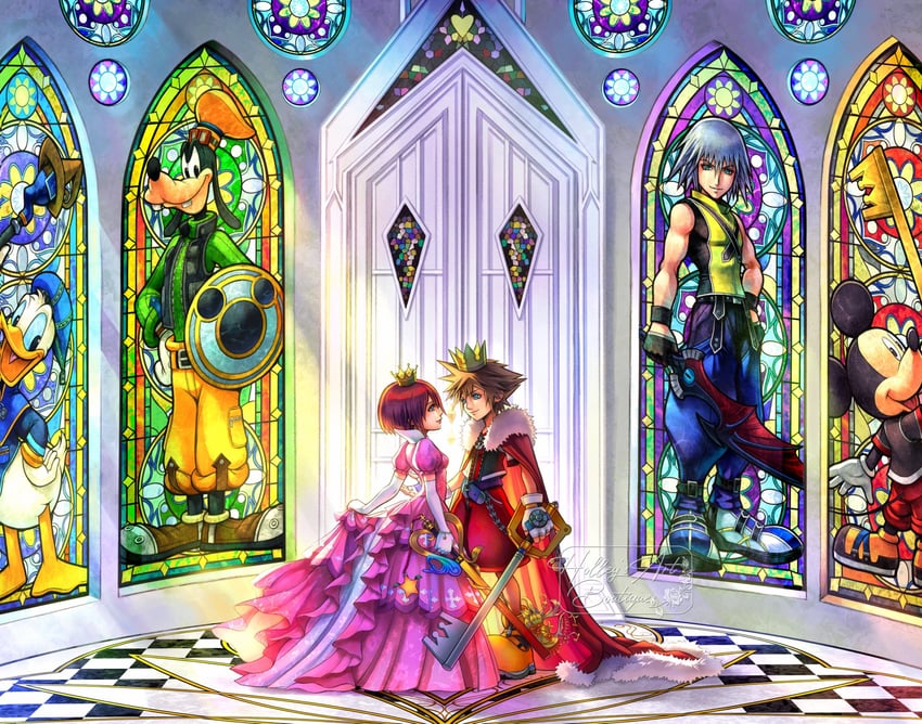 sora, kairi, riku, mickey mouse, donald duck, and 1 more (kingdom hearts and 1 more) drawn by hollypolllyy