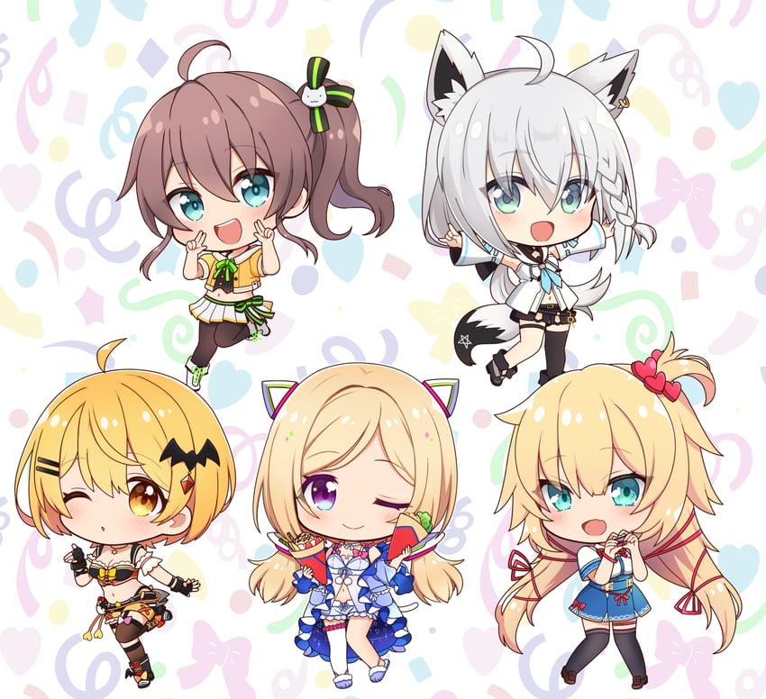 shirakami fubuki, natsuiro matsuri, akai haato, aki rosenthal, and yozora mel (hololive) drawn by ousawa_kanata