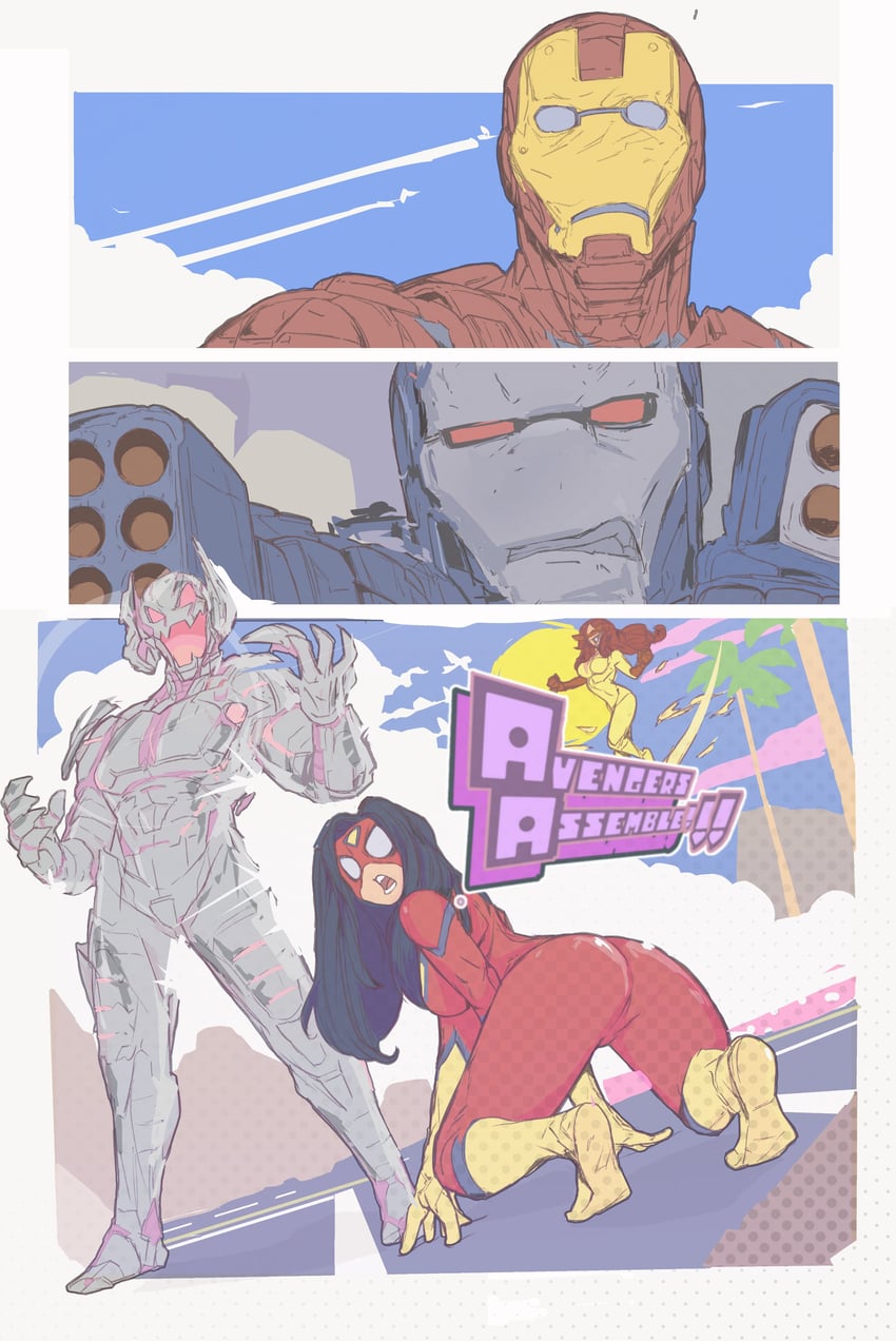 iron man, spider-woman, jessica drew, war machine, and ultron (marvel and 3 more) drawn by michel_teru