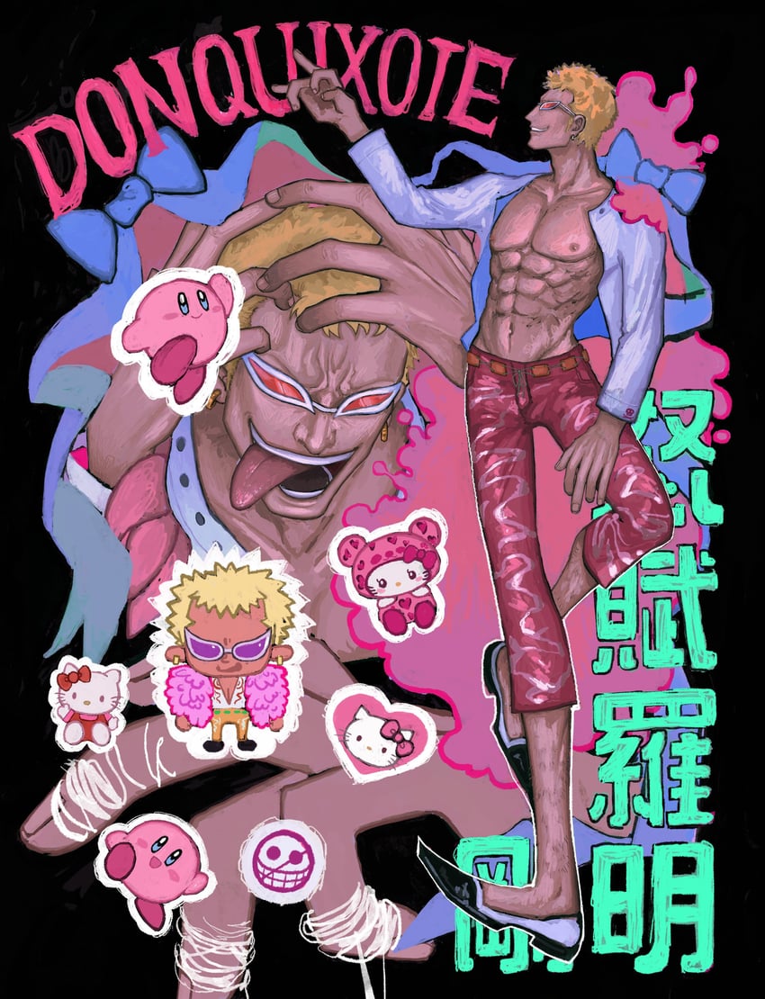 kirby, hello kitty, and donquixote doflamingo (one piece and 3 more) drawn by hv48ell