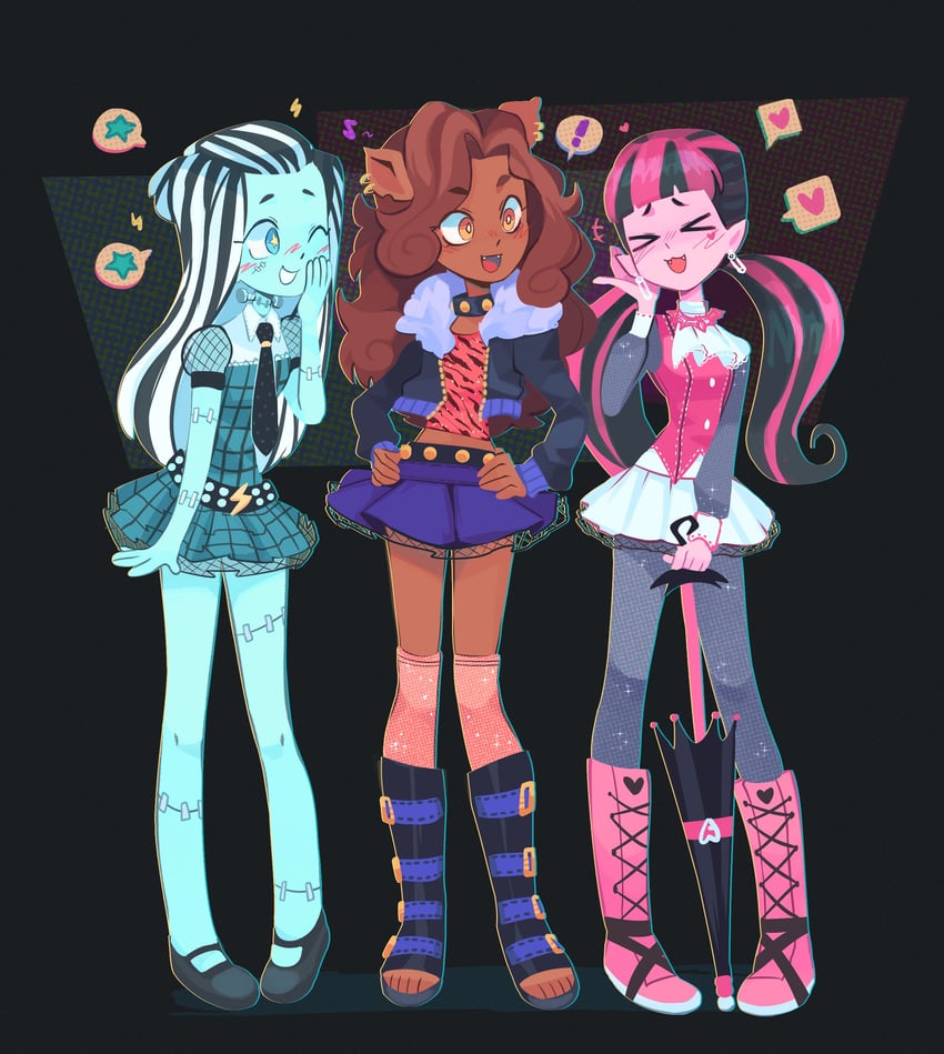 draculaura, frankie stein, and clawdeen wolf (monster high) drawn by min_dei_bae