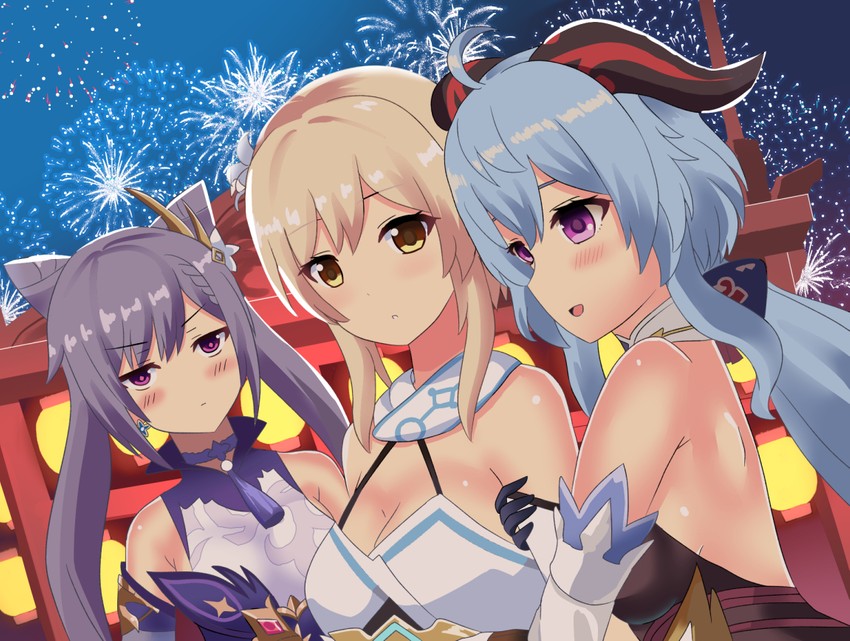 ganyu, lumine, and keqing (genshin impact) drawn by neu_(frameice)