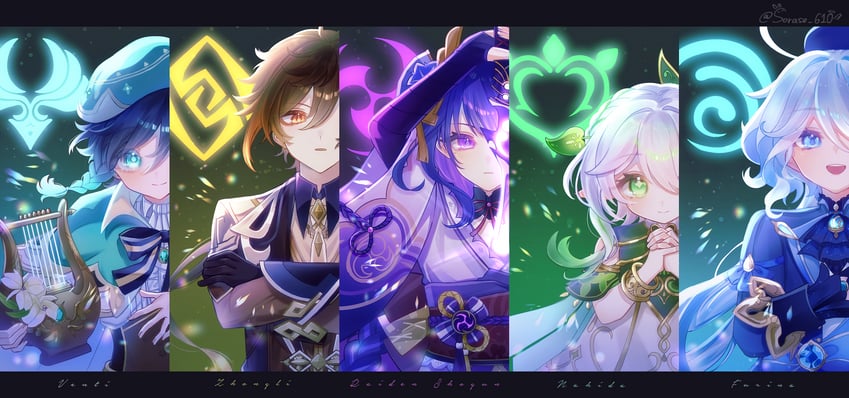 raiden shogun, furina, nahida, zhongli, and venti (genshin impact) drawn by sorase_610