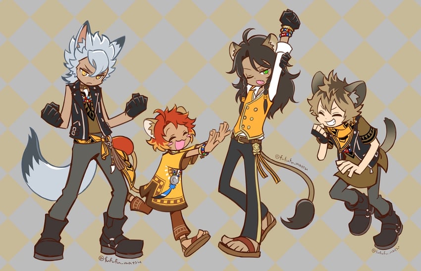leona kingscholar, ruggie bucchi, jack howl, and cheka kingscholar (twisted wonderland) drawn by funuyu