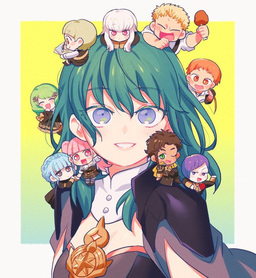female byleth, hilda valentine goneril, lysithea von ordelia, marianne von edmund, claude von riegan, and 5 more (fire emblem and 1 more) drawn by mommorua