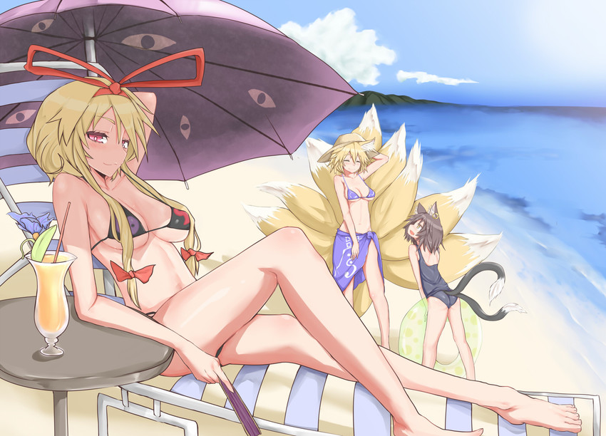 yakumo yukari, yakumo ran, and chen (touhou) drawn by masuo