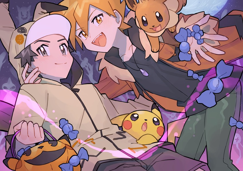 pikachu, red, eevee, blue oak, and mimikyu (pokemon and 1 more) drawn by rata_(m40929)