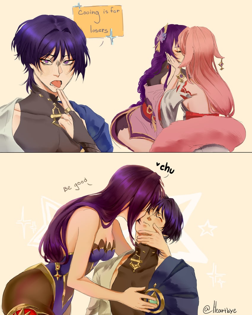 raiden shogun, scaramouche, yae miko, wanderer, and mona (genshin impact) drawn by heartbye_(lollybomb12)