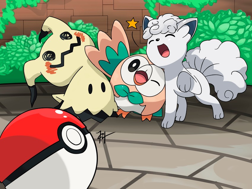 rowlet, mimikyu, and alolan vulpix (pokemon) drawn by harlequinwaffles