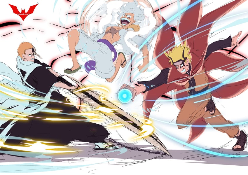 monkey d. luffy, uzumaki naruto, and kurosaki ichigo (one piece and 5 more) drawn by batm_andrew
